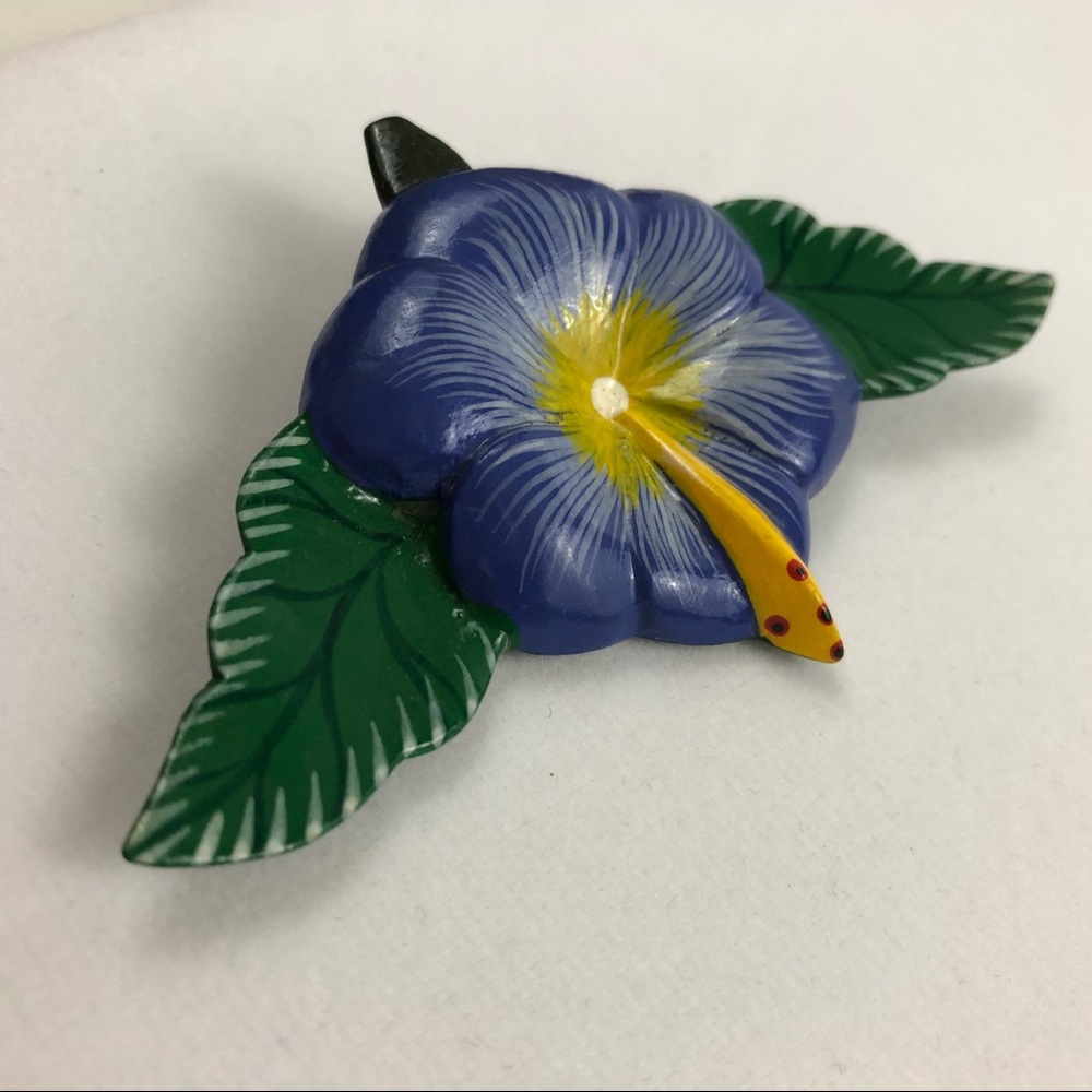 Vintage Blue Hibiscus Flower Pin View 4